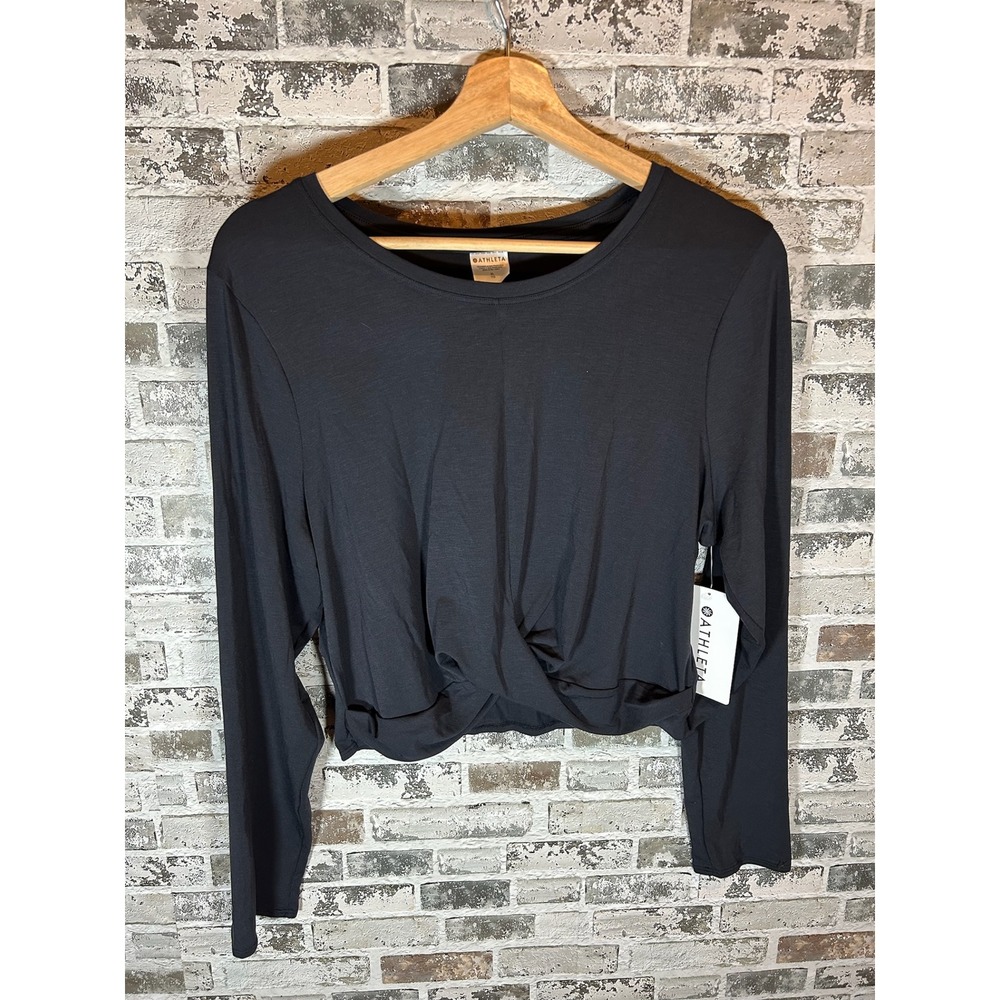 Athleta With Ease Twist Top Women XL Black Long Sleeve Cropped Front Knot - Picture 3 of 5